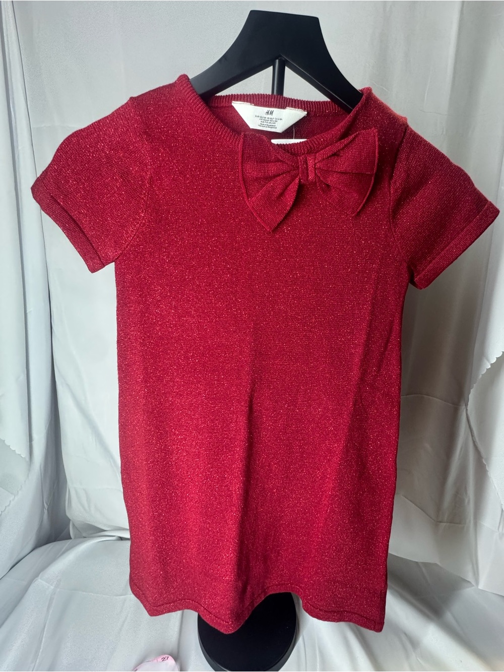 H&M Girls' Sparkling Red Short Sleeve Knit Dress with Bow